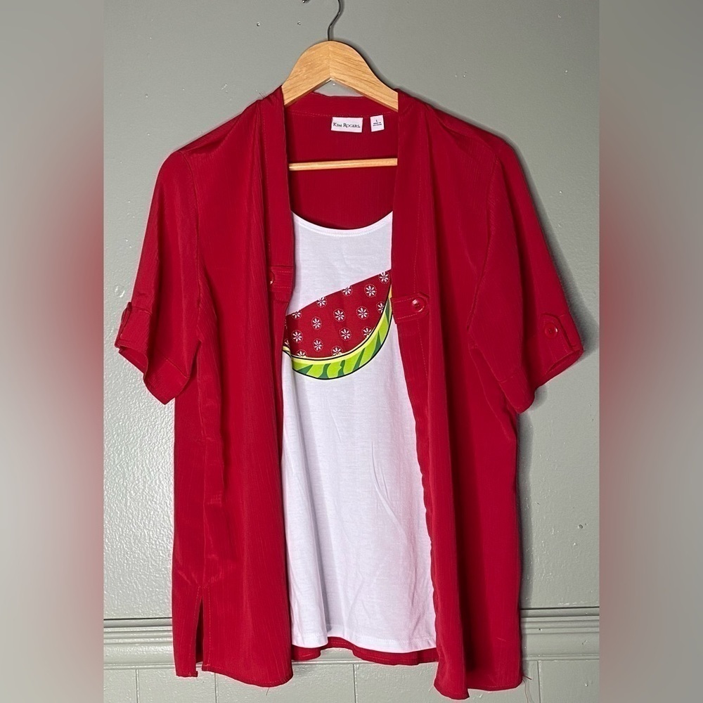 Kim Rogers Matchback Top Womens Size Large Short Sleeve Red Watermelon